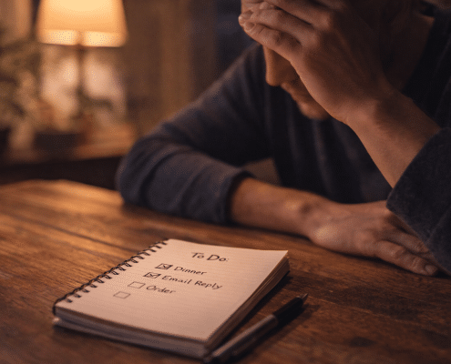 Personne en soirée assise à une table avec carnet, liste simple et lumière douce, ambiance calme illustrant la fatigue décisionnelle et la simplification des choix